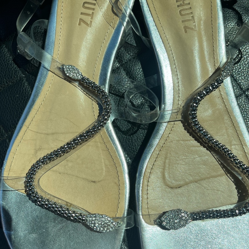 Schutz Silver and Tan Embellished Sandals - Picture 2 of 5